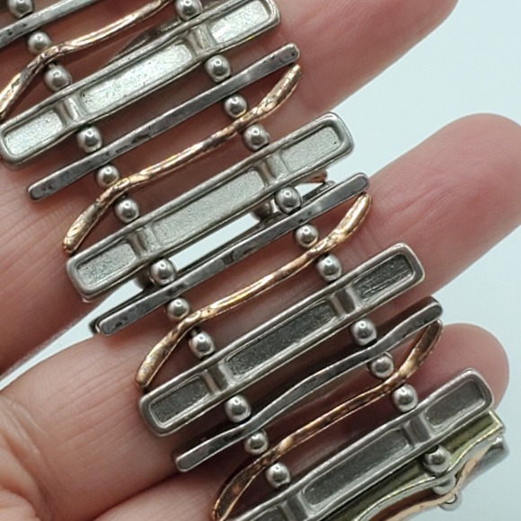 Tri Tone Slat Bracelet Stretch Gold Silver Rose Tone Womens Fashion Jewelry - Picture 5 of 8